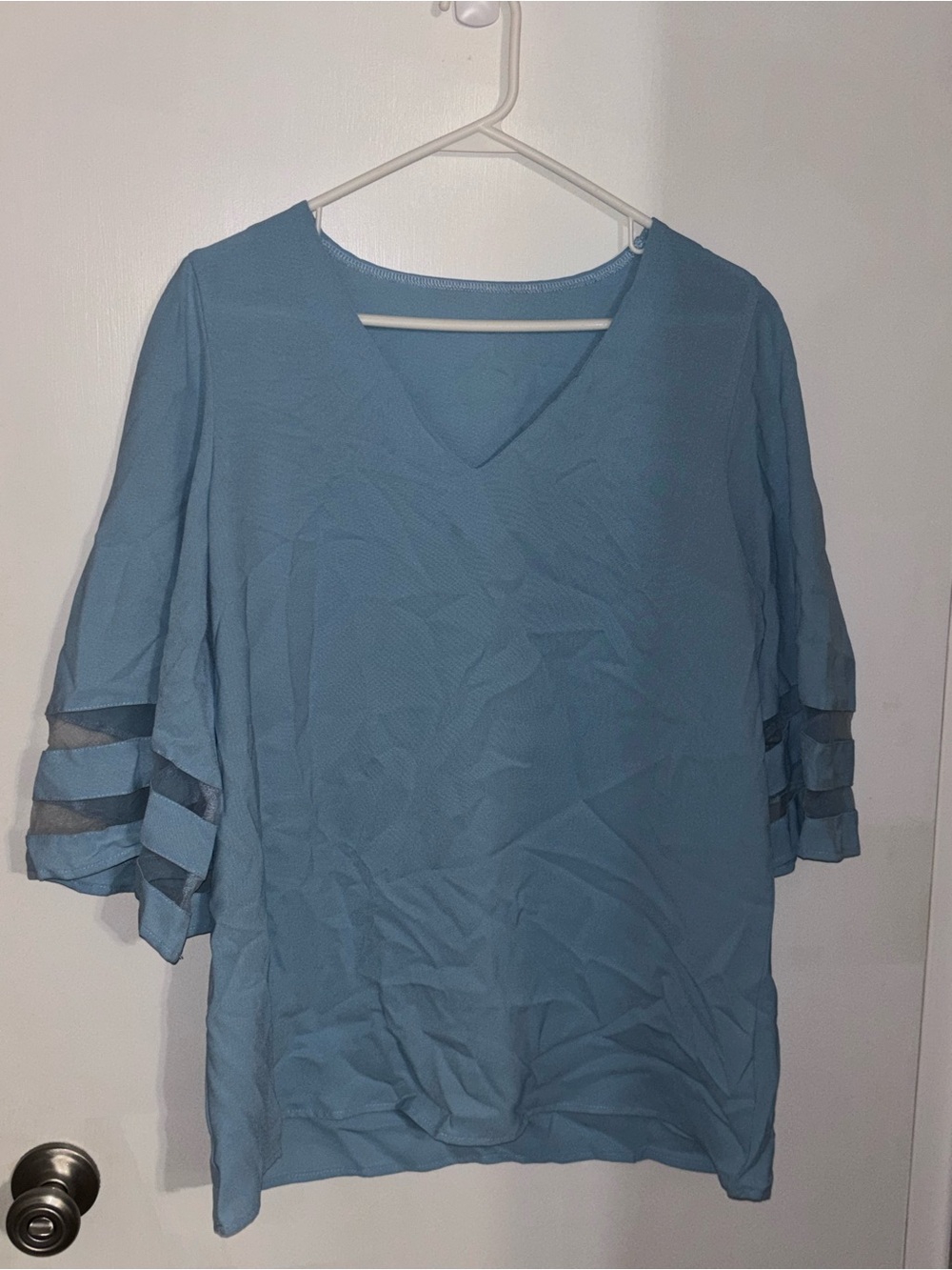 Light Blue V-Neck Women’s Blouse with Tiered Sleeve Detail